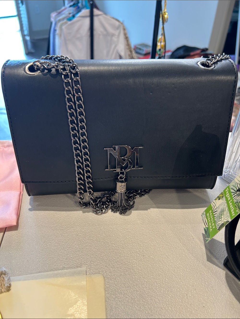 Badgley Mischka Black Leather Shoulder Bag with Chain Tassel